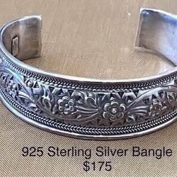 925 Sterling Silver Bangle Bracelet Cuff Jewelry, made in Thailand, $175
