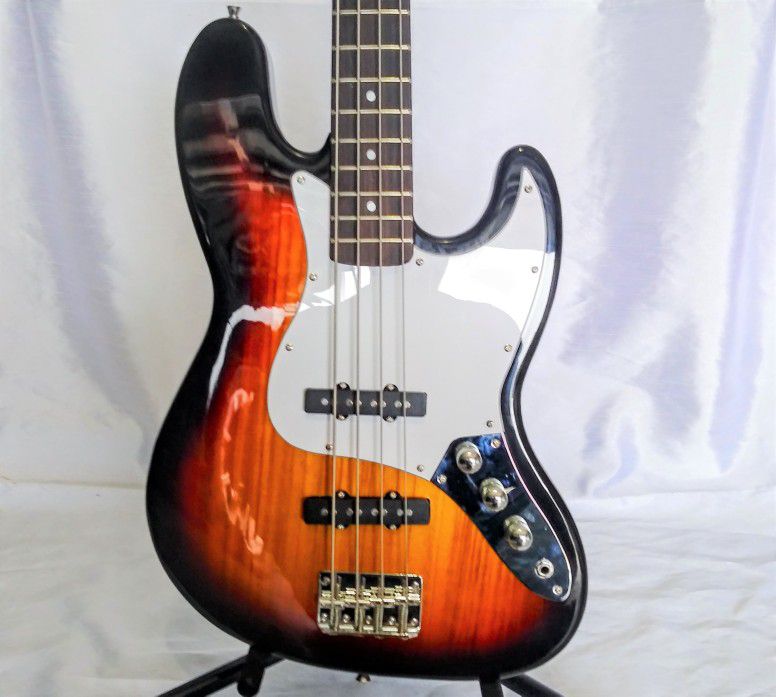 NEW IN BOX! Fender Jazz / J-Bass (Copy) Electric Bass Guitar with a Classic Sunburst Finish