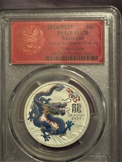 *RARE* PCGS MS70 2024 Lunar YR Of The Dragon Blue Orange 50 Cent 1/2 oz .9999 Silver