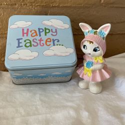 Vintage Ceramic Bunny & Easter Tin