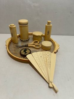 Vintage French Ivory or Pyralin celluloid miniature vanity