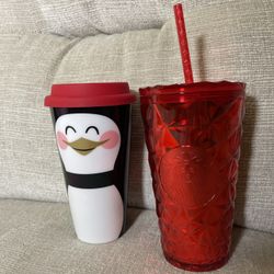 New 2023 Starbucks Red Tumbler & Non Starbucks Penguin Tumbler