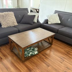 3 Piece Furniture/ 2 Couch, Solid Wood Coffee Table+ Vintage Blanket   