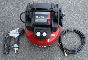 Porter Cable Air Compressor, Nail Gun And A Hose Set