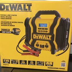 Brand New HOT SELLER Sealed DEWALT 2000- PEAK AMP Portable Jump Starter With Digital Compressor, USB And AC Power Bank. 