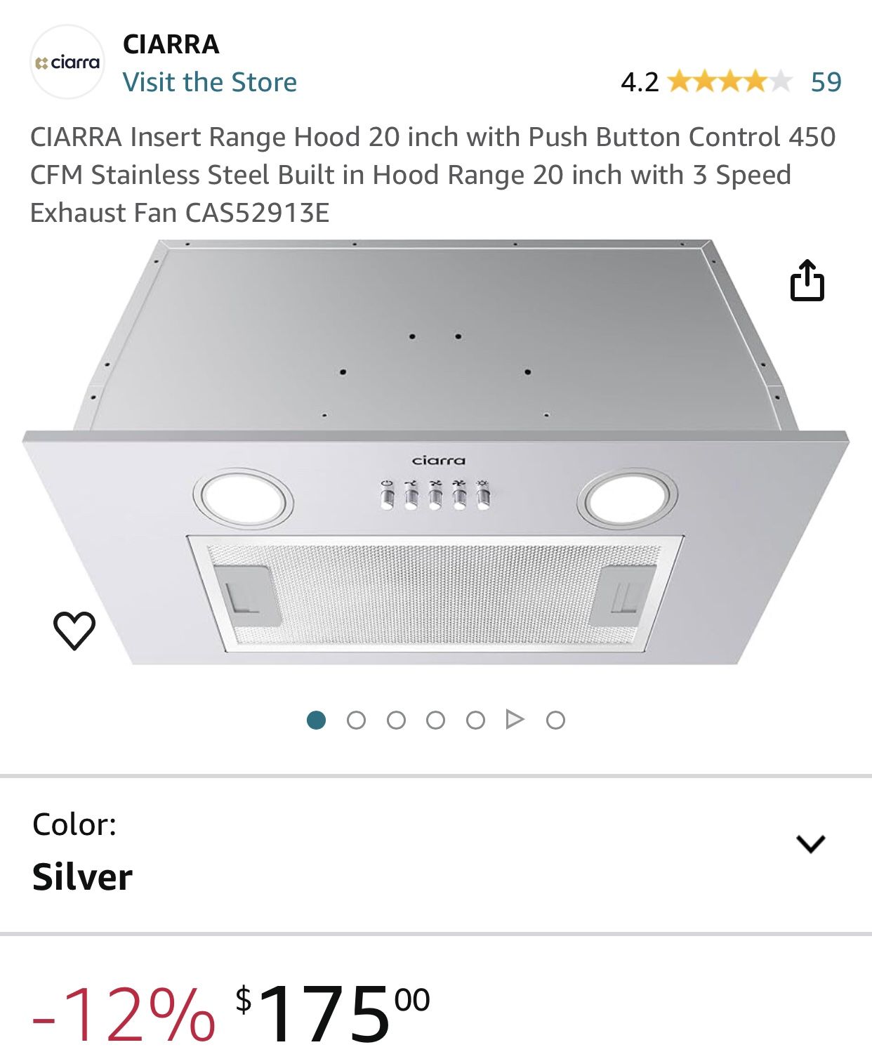 CIARRA Insert Range Hood 20 inch with Push Button Control 450 CFM Stainless Steel Built in Hood Range 20 inch with 3 Speed Exhaust Fan CAS52913E