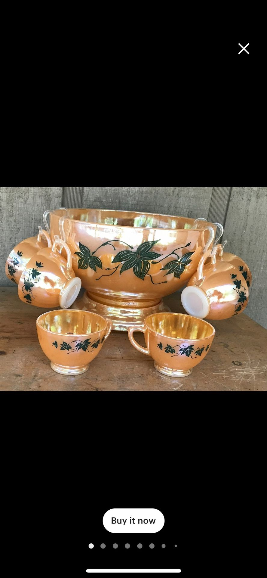 Vintage Fire King Ivy Iridescent Peach Lustre Milk Glass Footed Punch Bowl Set