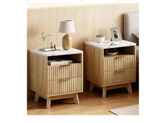 Fluted Nightstand Set of 2, 18" Modern Night Stand with Faux Marble Top, Open Storage Shelf, Fluted Bedside Table for Bedroom, End Table Side Table, O