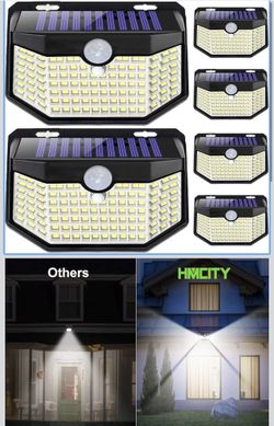 HMCITY 120 LED Outdoor Solar Lights with Motion Sensor and 3 Lighting Modes, IP65 Waterproof Wide Solar Wall Lights Ideal for Garden Patio Yard (Front