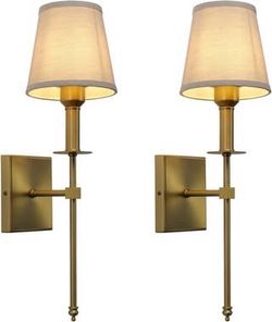 2 Antique Linen Fabric Shade Wall Sconces,Vintage Industrial Vanity Gold Rustic Minimalist