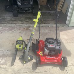 Hyper Tough Lawn Mower, RYOBI Weed Whacker + Chainsaw Bundle