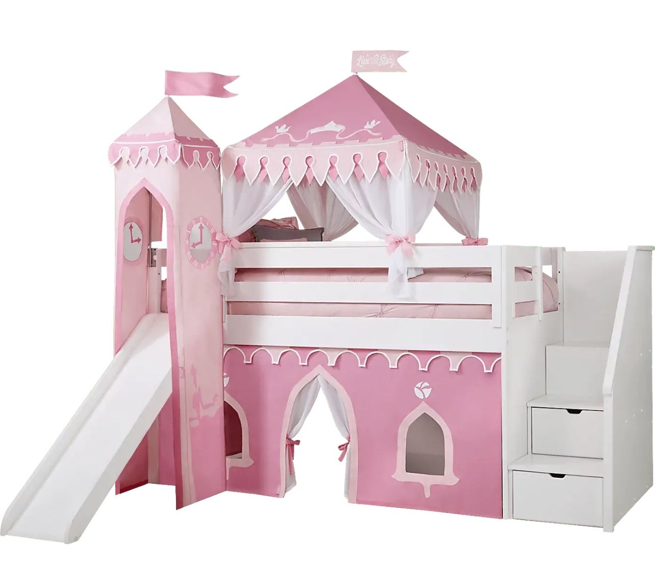 Disney Princess Fairytale White Twin Step Loft Bed with Slide and Tower