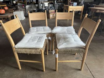 Set of 4 Natural Wood Dining Chairs with Woven Seats
