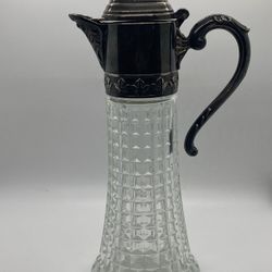 Large 12" Vintage Glass Decanter Pitcher Carafe Pewter - Made In Italy 