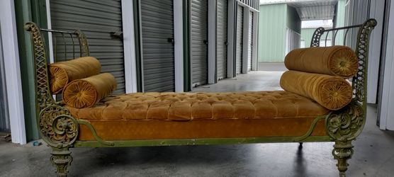 Antique Cast Iron Daybed / Chaise Lounge – Vintage Tufted Velvet