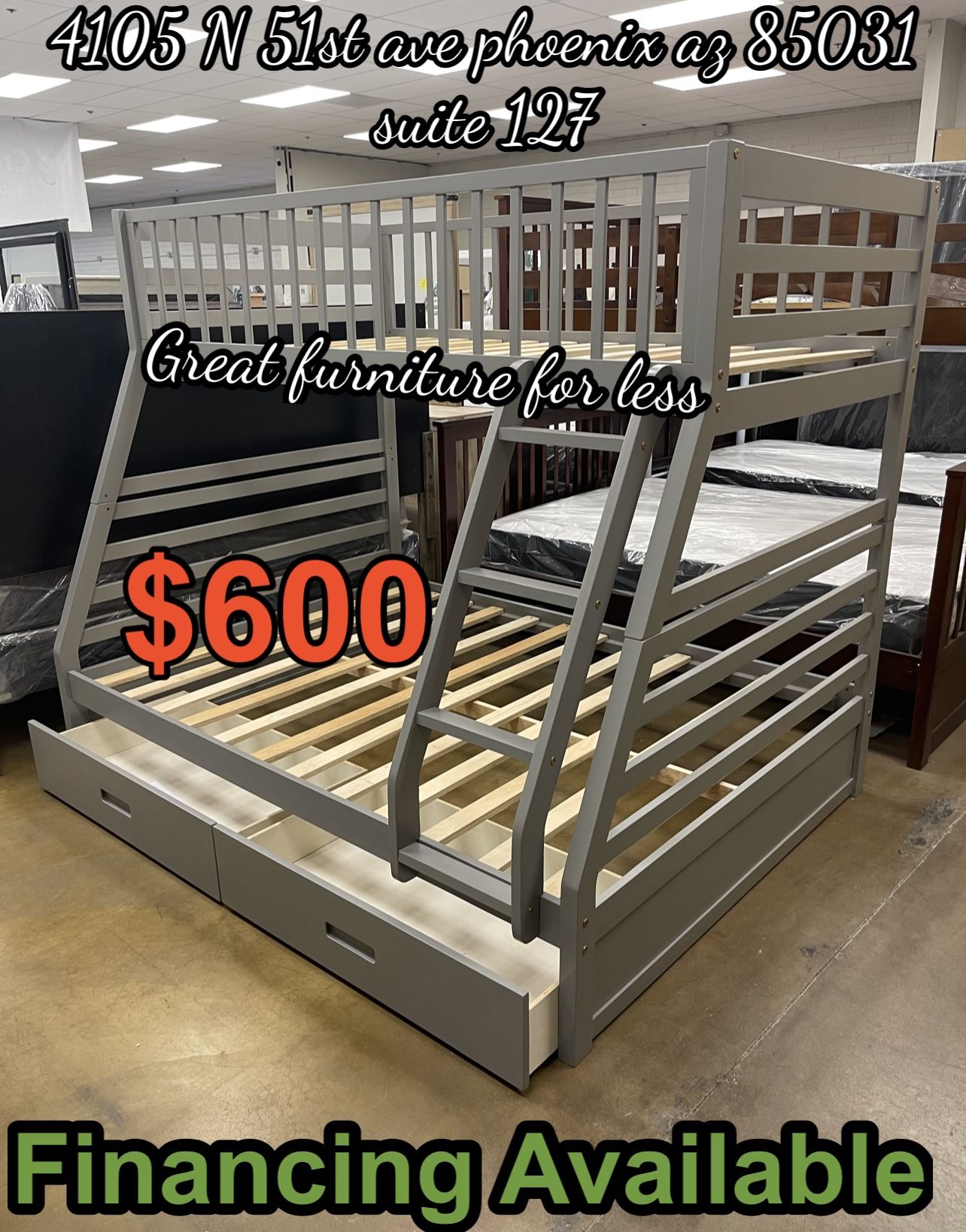 Bunk Bed Grey WoodTwin Over Full With Drawers Brand New