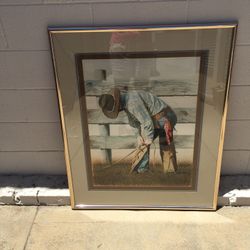 Original Unique Watercolor On Paper Of Cowboy Adjusting His Chaps