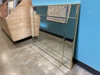 Vintage Hollywood Regency Style Large Multi-Panel Glass Geometric Wall Mirror Featuring Brass Frame