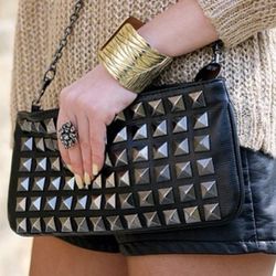 Metallic Metal Studded Black Leather Purse 