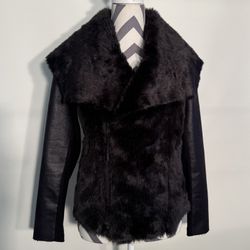 Vera Wang Fur Collar Mixed Media Coat