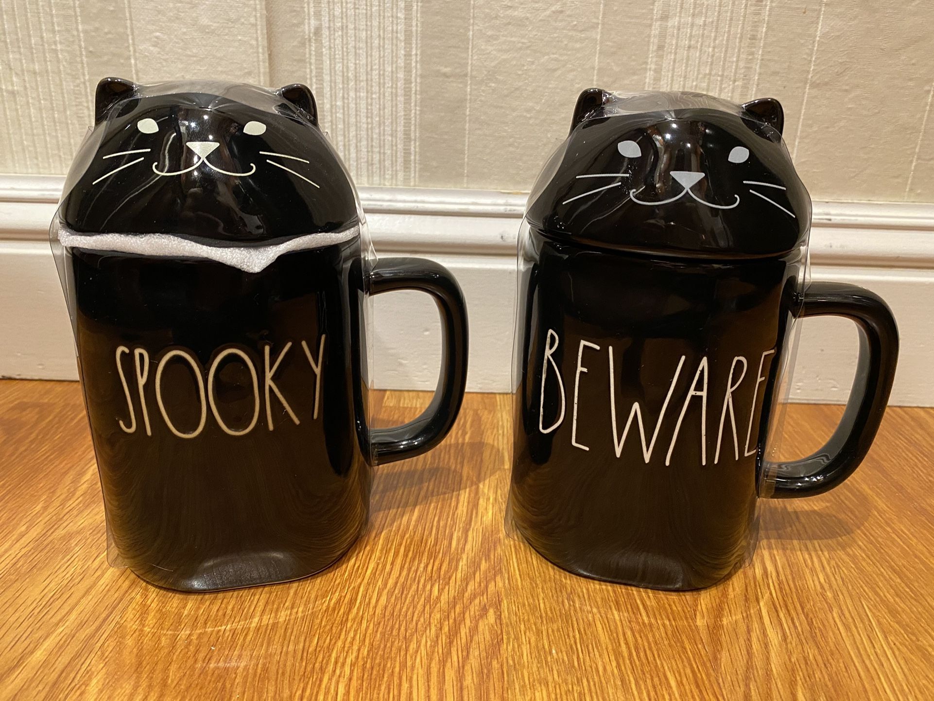 Rae Dunn Halloween Spooky And Beware Cat Topper Mugs