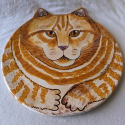 Cats by Nina Lyman Ceramic Hand Painted Yellow Cat Face Pointed Ears Platter