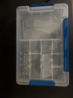 Fishing tackle holder. Tin weights.