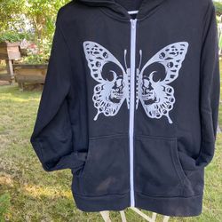 Black Hoodie Jacket With Butterfly and Skull Motif Size M  