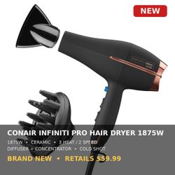 Conair Infiniti PRO Hair Dryer 1875W with Diffuser & Concentrator - NEW