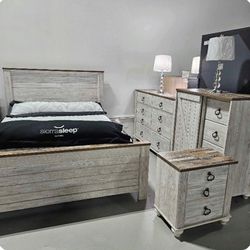 4pc Bedroom Set, Bed Frame Dresser Mirror Nightstand 💕 Furniture Storage Mattress Chest