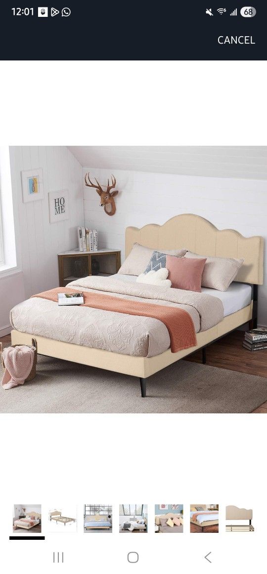 VECELO Full Upholstered Platform Bed Frame with Adjustable Headboard, Mattress Foundation with Strong Wood Slat Support, No Box Spring Needed, Khaki