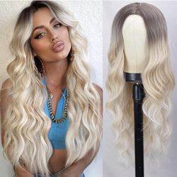 Human hair blend platinum blonde wavy wig