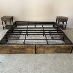 King Bed Frame W/ Drawers, 2 End tables W/ Charging Port, And TV Unit