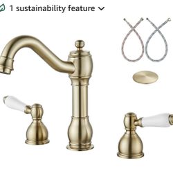 Aolemi 8 Inch Widespread Bathroom Sink Faucet 3 Hole Deck Mount Vanity Basin Mixer Tap with Pop Up Drain Assembly Brushed Gold Double Ceramic Handle