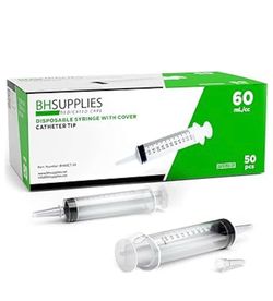 BH Supplies 60mL Syringe Catheter Tip Sterile with Caps - (No Needle) - Sterile, Individually Wrapped - 50 Syringes