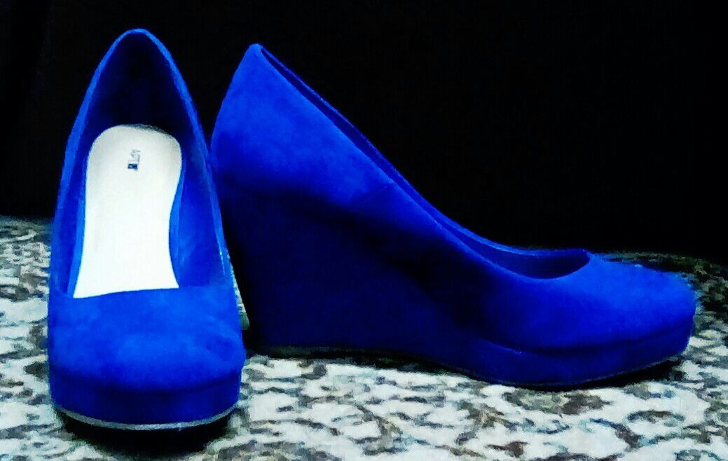 Blue suede wedgies size 7