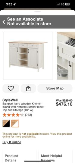 StyleWell Ivory Wooden Kitchen Island with Natural Butcher Block Top and Storage (48" W)