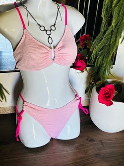 Pink Textured Bikini Set with Hot Pink Straps size small