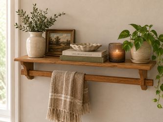Vintage Wooden Wall Shelf with Towel Bar