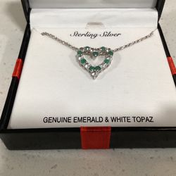 Emerald and White Topaz Sterling Silver Chain Pendant 