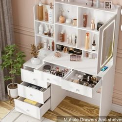 😀 Veanerwood Vanity Table with Mirror and Lights, Modern Makeup Vanity Desk with Drawers and Power Strip, Bedroom Dressing Table, 43.3in, White