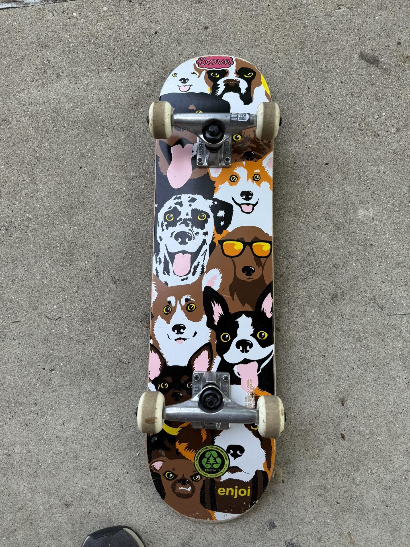Enjoi Dog Collage Mid Complete Skateboard – 7.375” x 29.8” (Lightly Used)