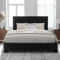 Full / Queen / king Size Platform Bed Frame with Velvet Upholstered Headboard and Wooden Slats Support, Fully Upholstered Mattress Foundation/No Box S