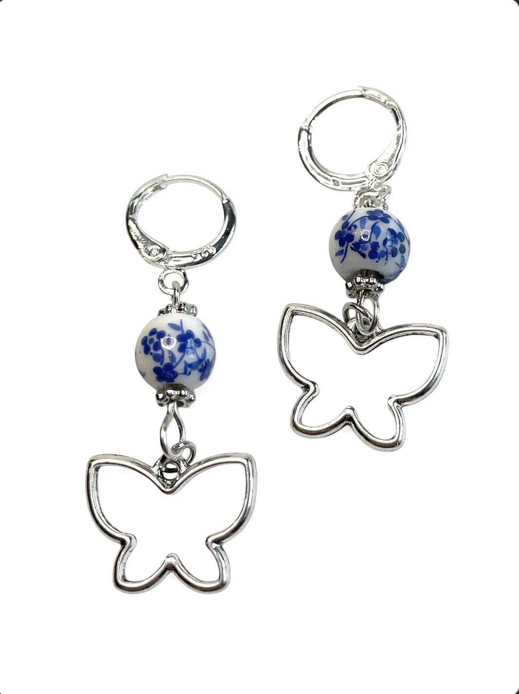 Butterfly Earrings Silver 925 Huggies 12mm Hoops Blue White 1.5” drop