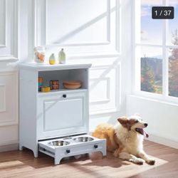 Roomfitters Dog Feeding Station with 2 Elevated Dog Bowls, Tilt Out Pet Feeding Cabinet Station 