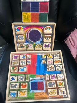 Kids Wooden Rubber Stamp Set with Ink Pads