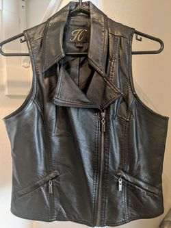Ladies Faux Leather Moto Vest Black Size Large