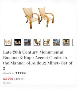 Late 20th Century Monumental Bamboo & Rope Accent Chairs in the Manner of Audoux Minet- Set of 2
