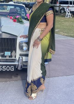 Elegant Half-and-Half Saree with Deep Navy Blouse & Intricate Gold Embroidery