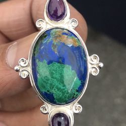 Sterling Amethyst And Azurite Stone Pendant/pin